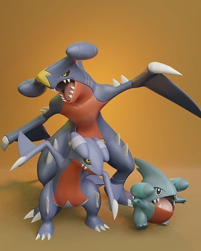 Pokemon - Gible Gabite and Garchomp with 2 different poses each 3D print model