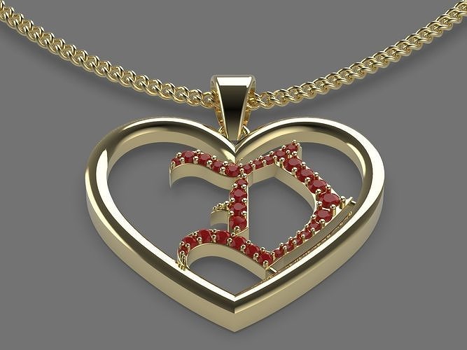 Heart letter D pendant silver gold printable jewelry 3D model 3D print model