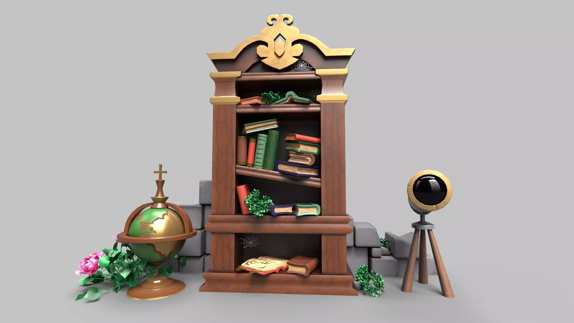 Stylized bookcase Low-poly 3D model_0