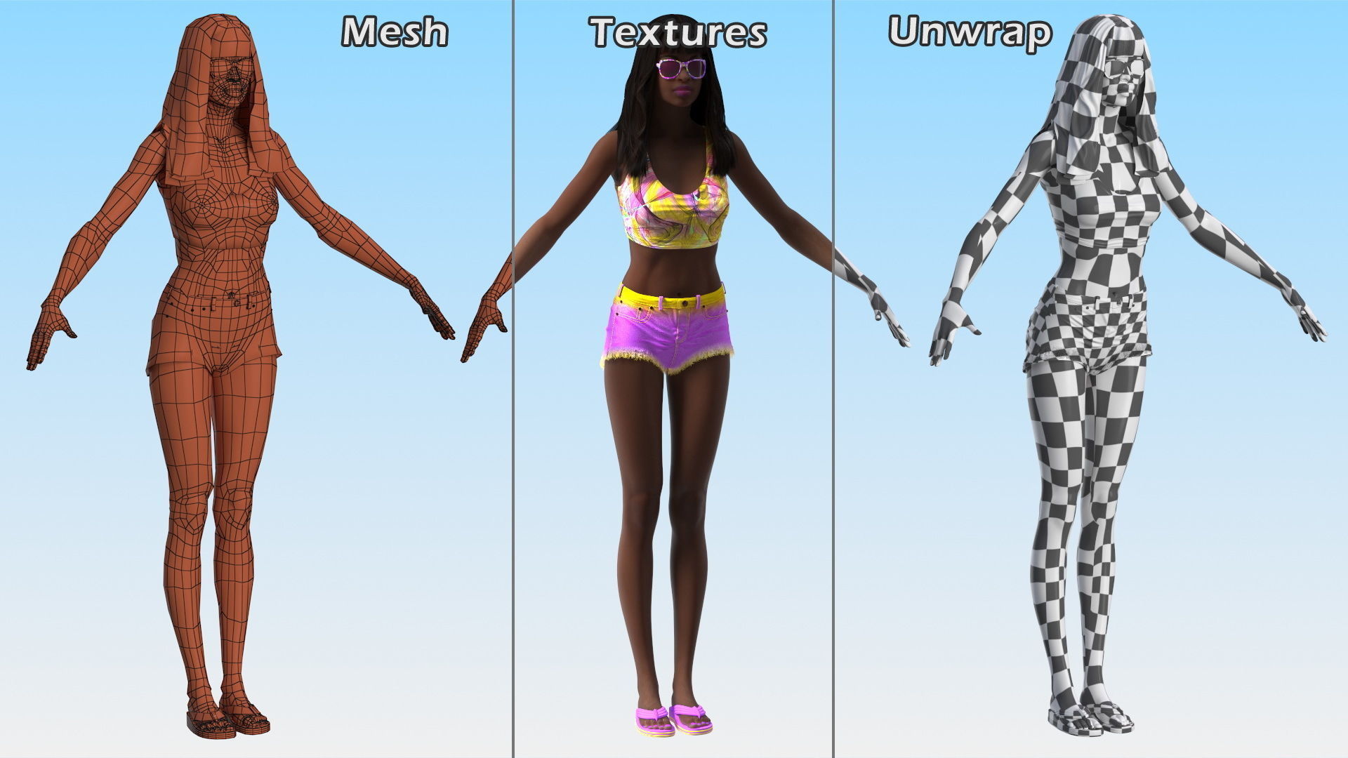 African American Young Woman Beach Style Rigged for Cinema 4D 3D model_23