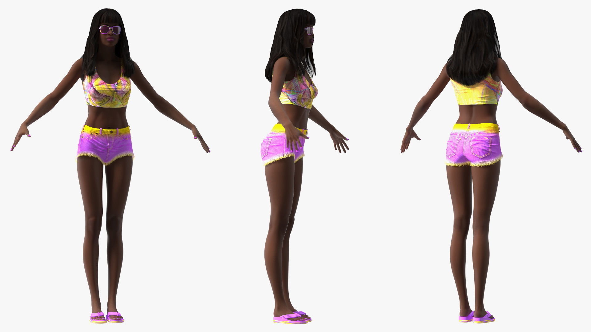 African American Young Woman Beach Style Rigged for Cinema 4D 3D model_16