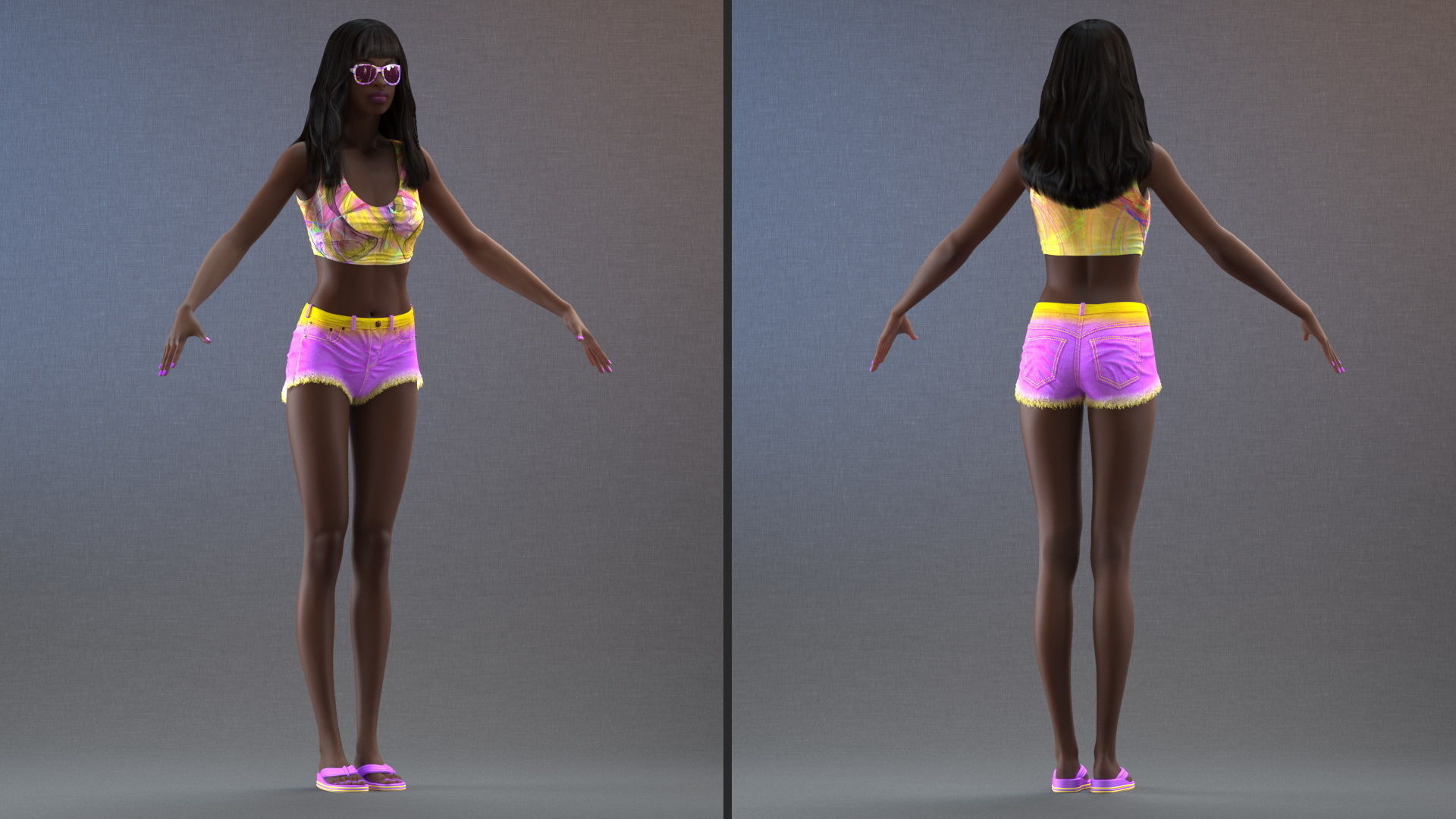 African American Young Woman Beach Style Rigged for Cinema 4D 3D model_12