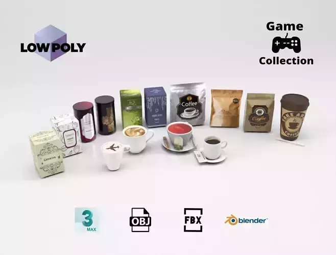 Tea and coffee set Low-poly 3D model