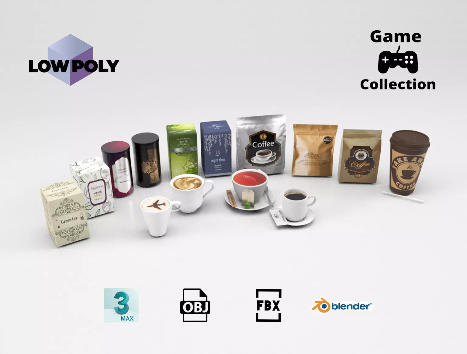 Tea and coffee set Low-poly 3D model_0