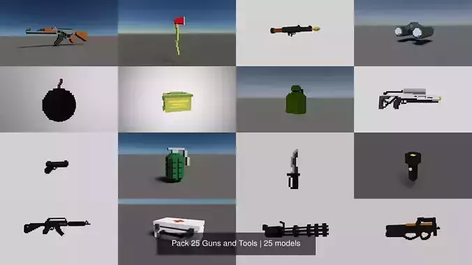 Pack 25 Guns and Tools 3D Model Collection