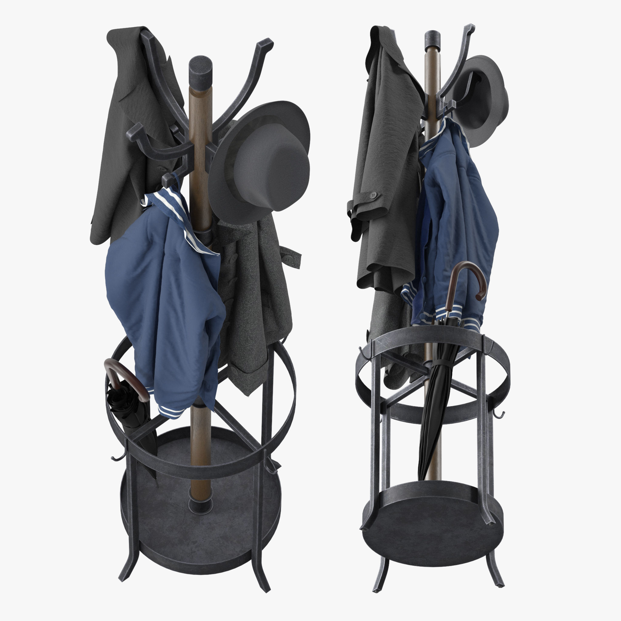 Andreas Wood and Metal Coat Rack with Umbrella Stand 3D model_3