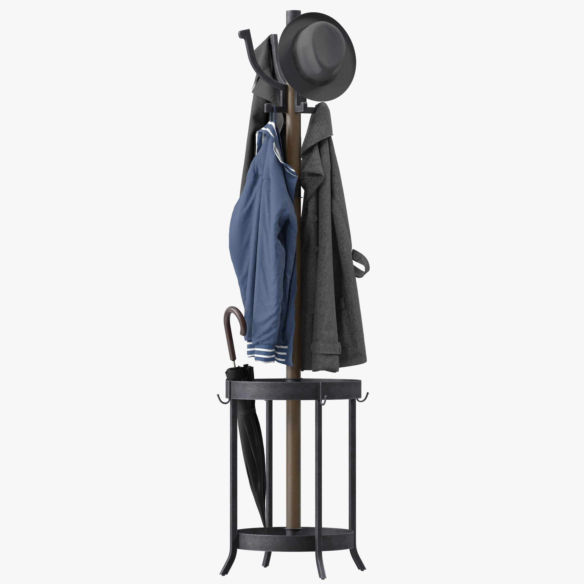 Andreas Wood and Metal Coat Rack with Umbrella Stand 3D model_9