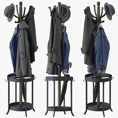 Andreas Wood and Metal Coat Rack with Umbrella Stand 3D model