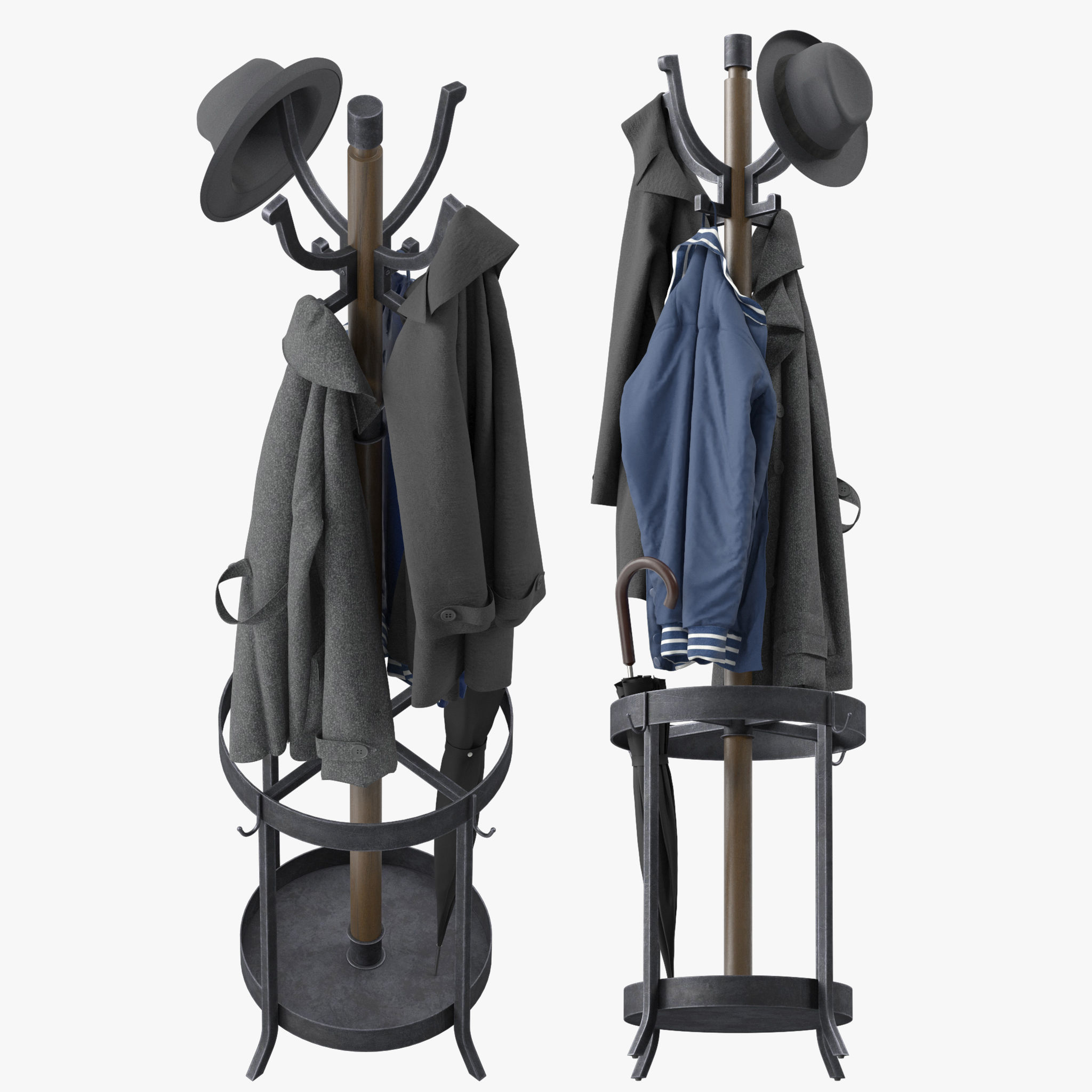 Andreas Wood and Metal Coat Rack with Umbrella Stand 3D model_2