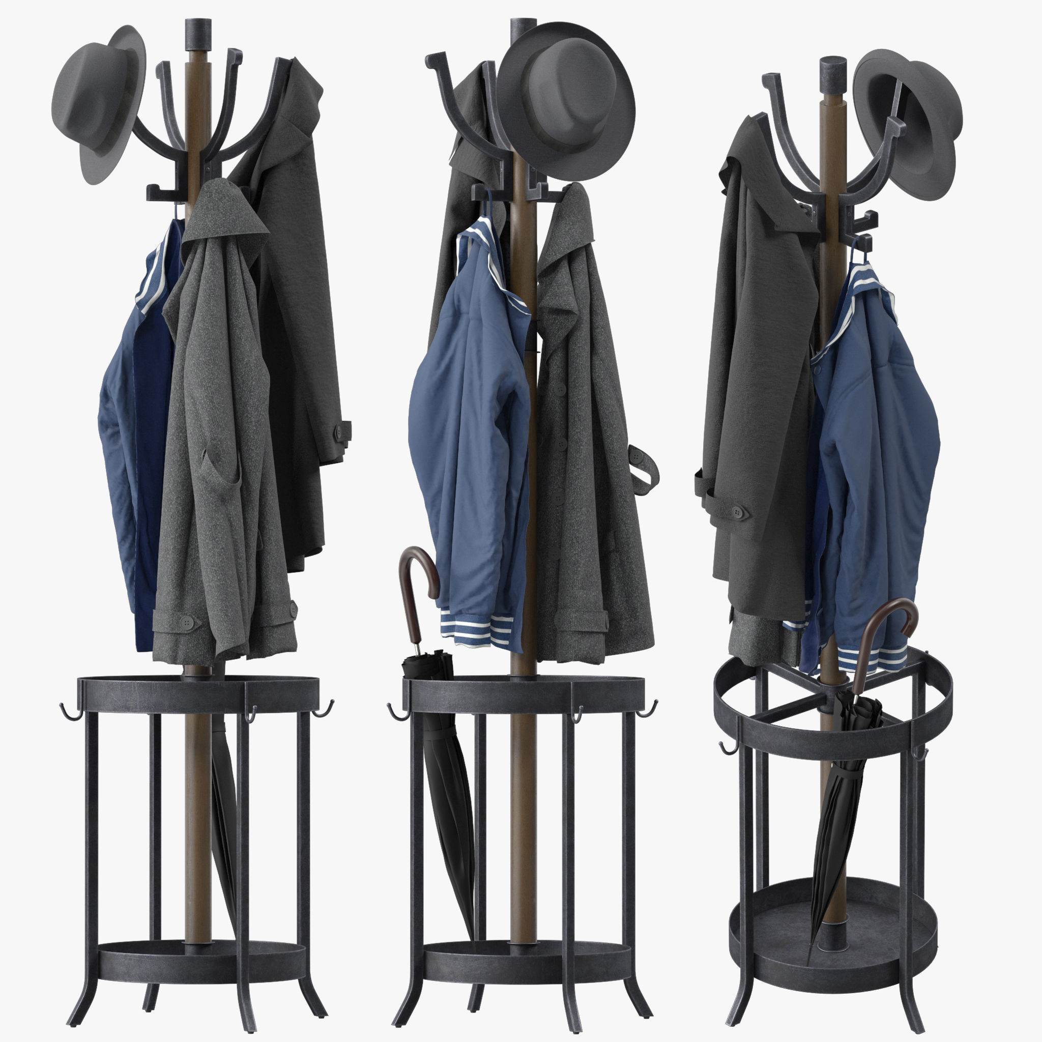 Andreas Wood and Metal Coat Rack with Umbrella Stand 3D model_1