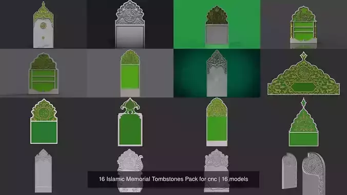16 Islamic Memorial Tombstones Pack for cnc Carving 3D Model Collection