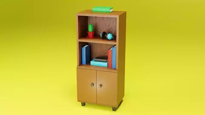 Wardrobe low poly wooden bookcase on wheels