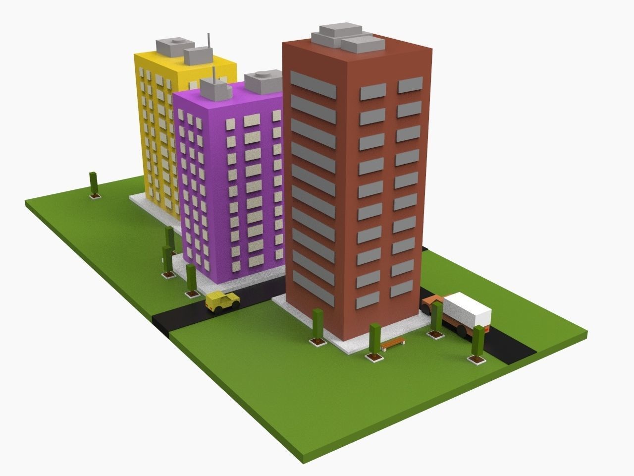 Simple Poly City - 3 Building Terrian Low-poly 3D model_4