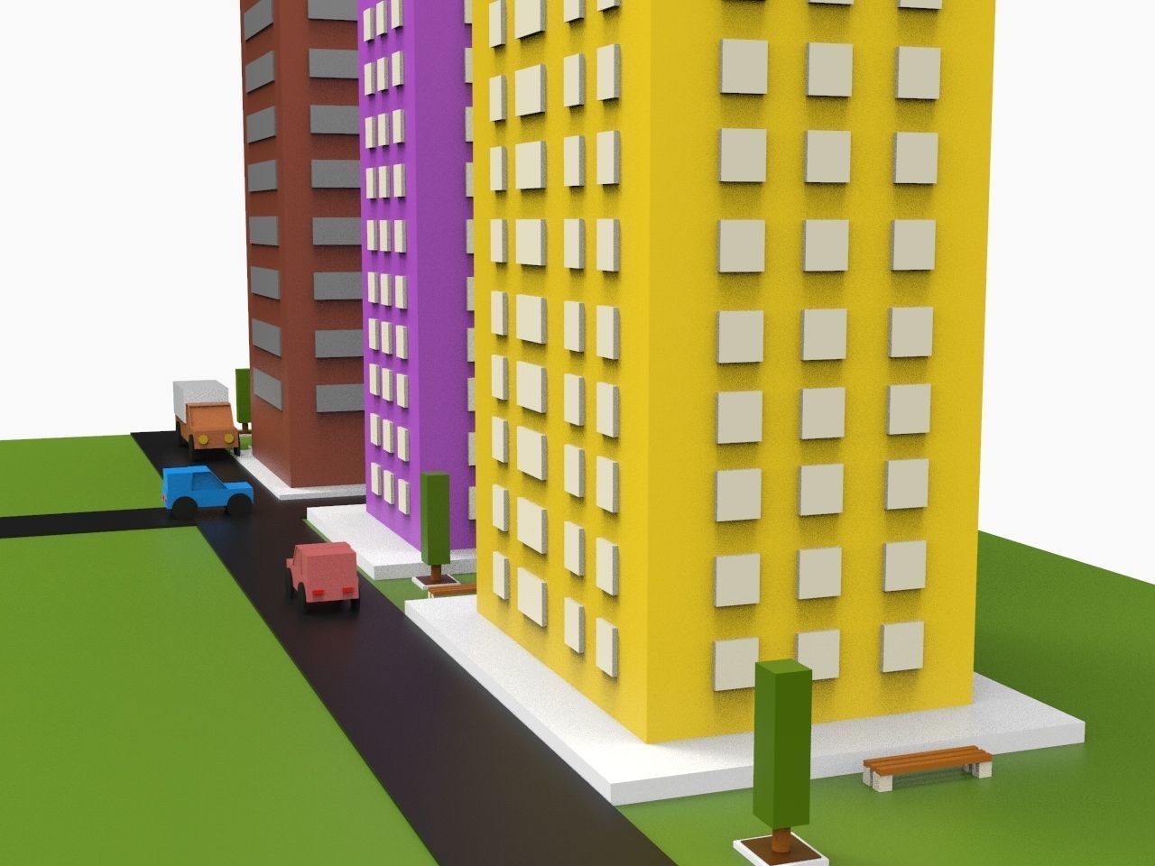 Simple Poly City - 3 Building Terrian Low-poly 3D model_6