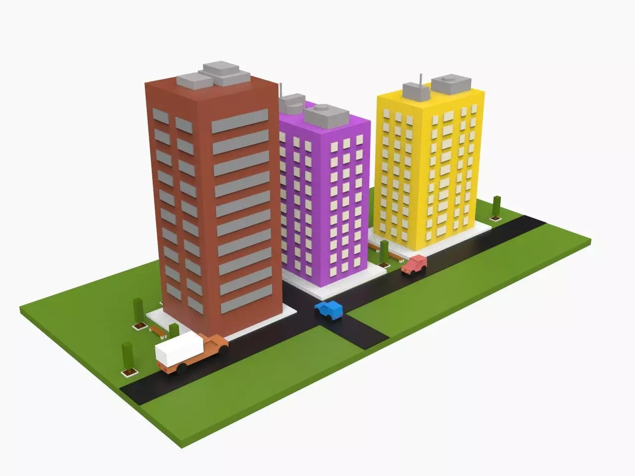 Simple Poly City - 3 Building Terrian Low-poly 3D model_0