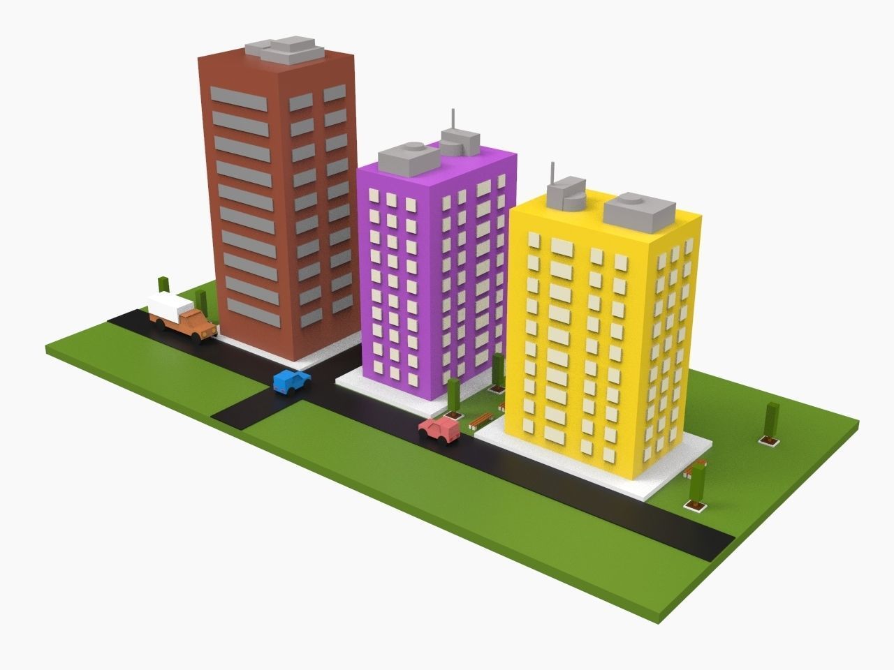 Simple Poly City - 3 Building Terrian Low-poly 3D model_1