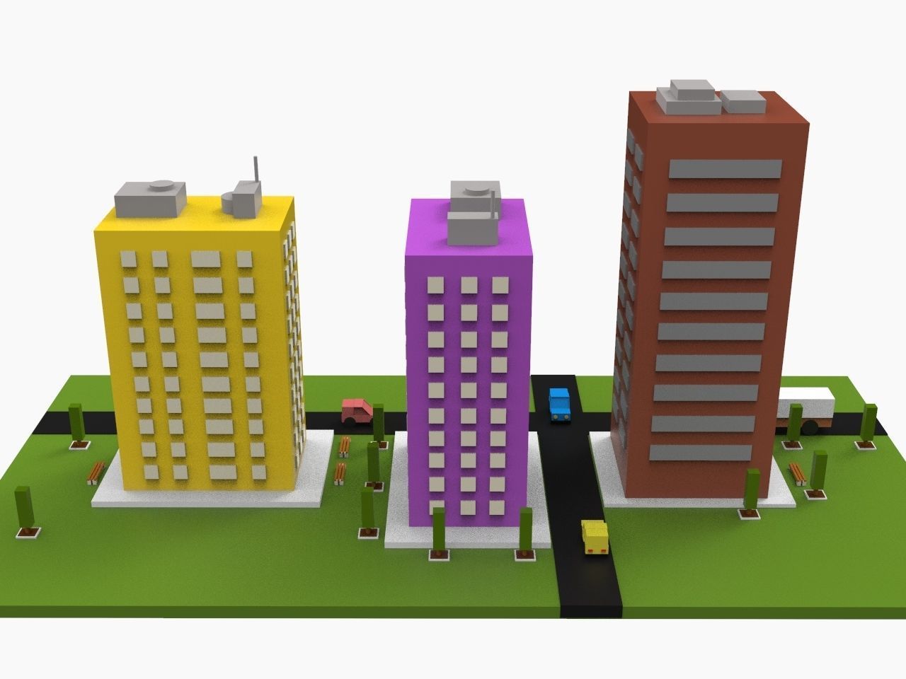 Simple Poly City - 3 Building Terrian Low-poly 3D model_5