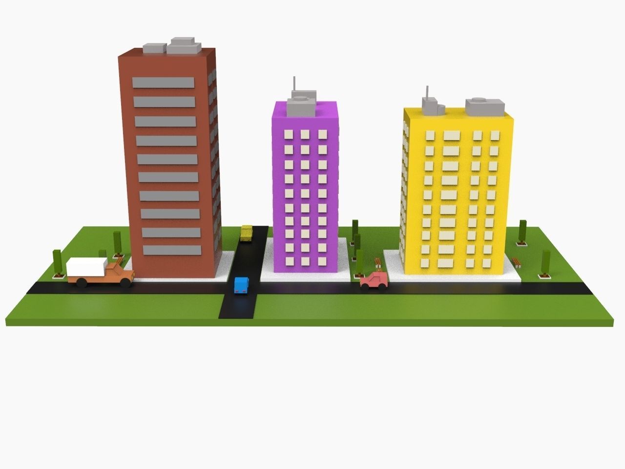 Simple Poly City - 3 Building Terrian Low-poly 3D model_2