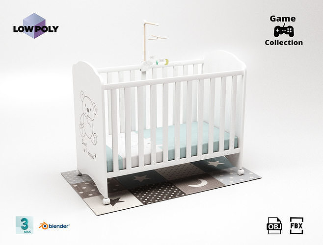 Crib set teddy bear stand Low-poly 3D model