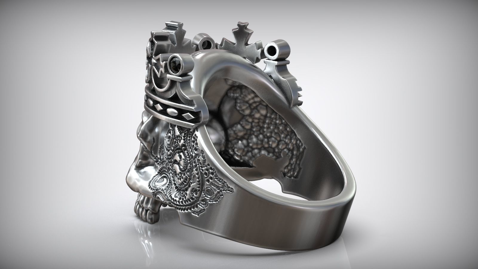 Skull Crown King Black Diamond Pattern Ring 3D print model_5