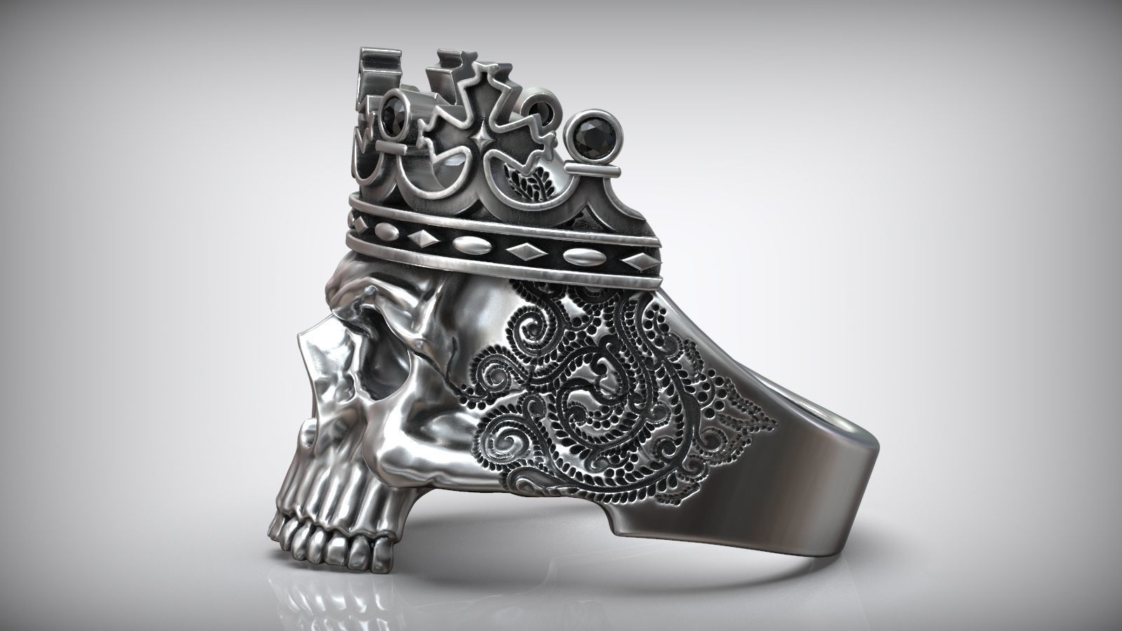 Skull Crown King Black Diamond Pattern Ring 3D print model_6