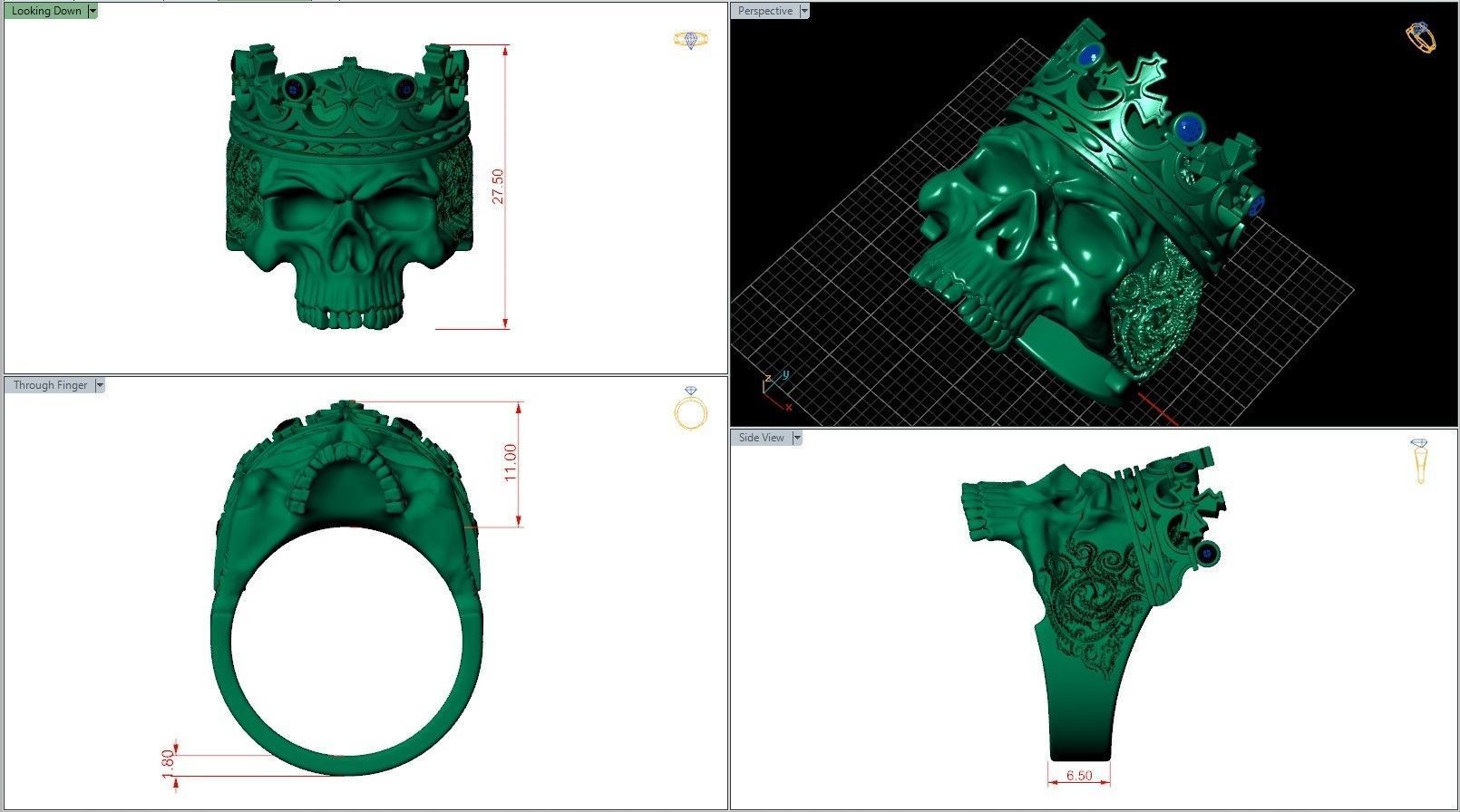 Skull Crown King Black Diamond Pattern Ring 3D print model_7