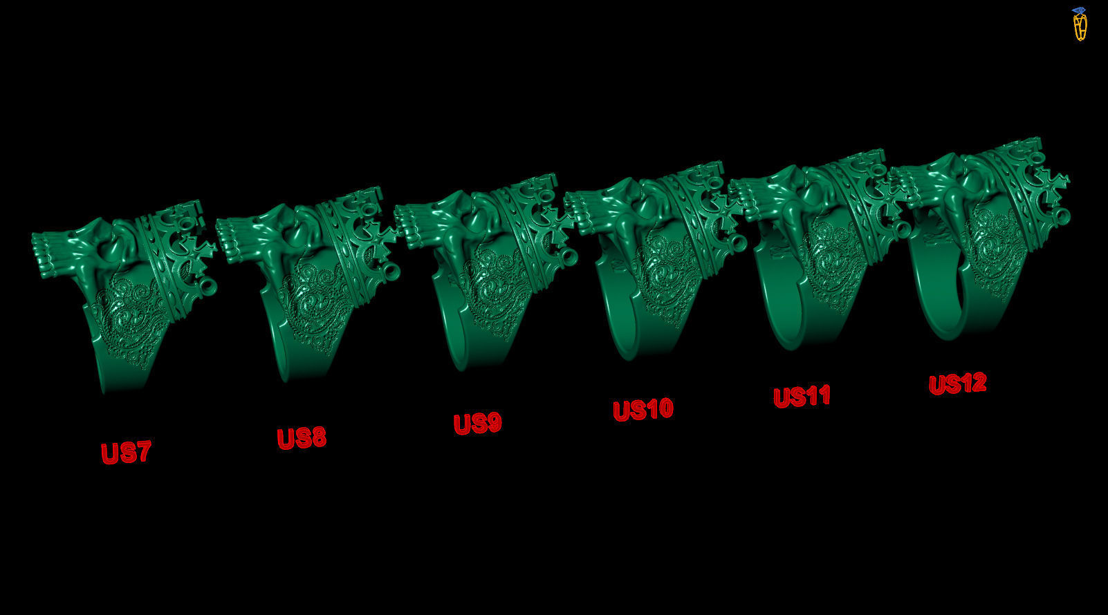 Skull Crown King Black Diamond Pattern Ring 3D print model_8