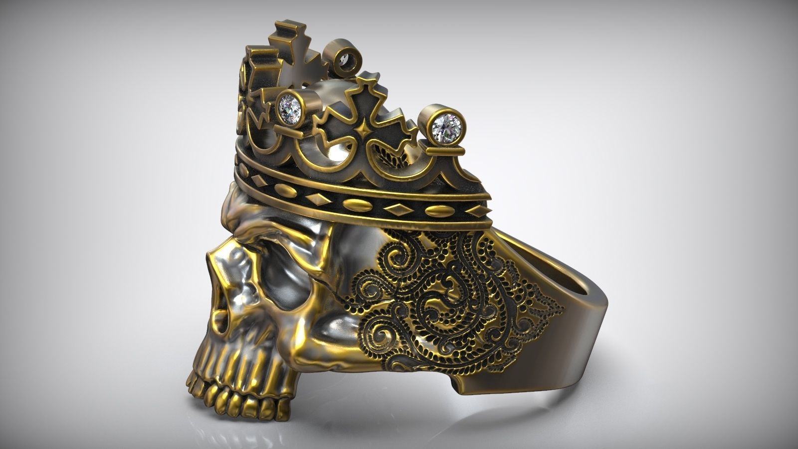 Skull Crown King Black Diamond Pattern Ring 3D print model_4