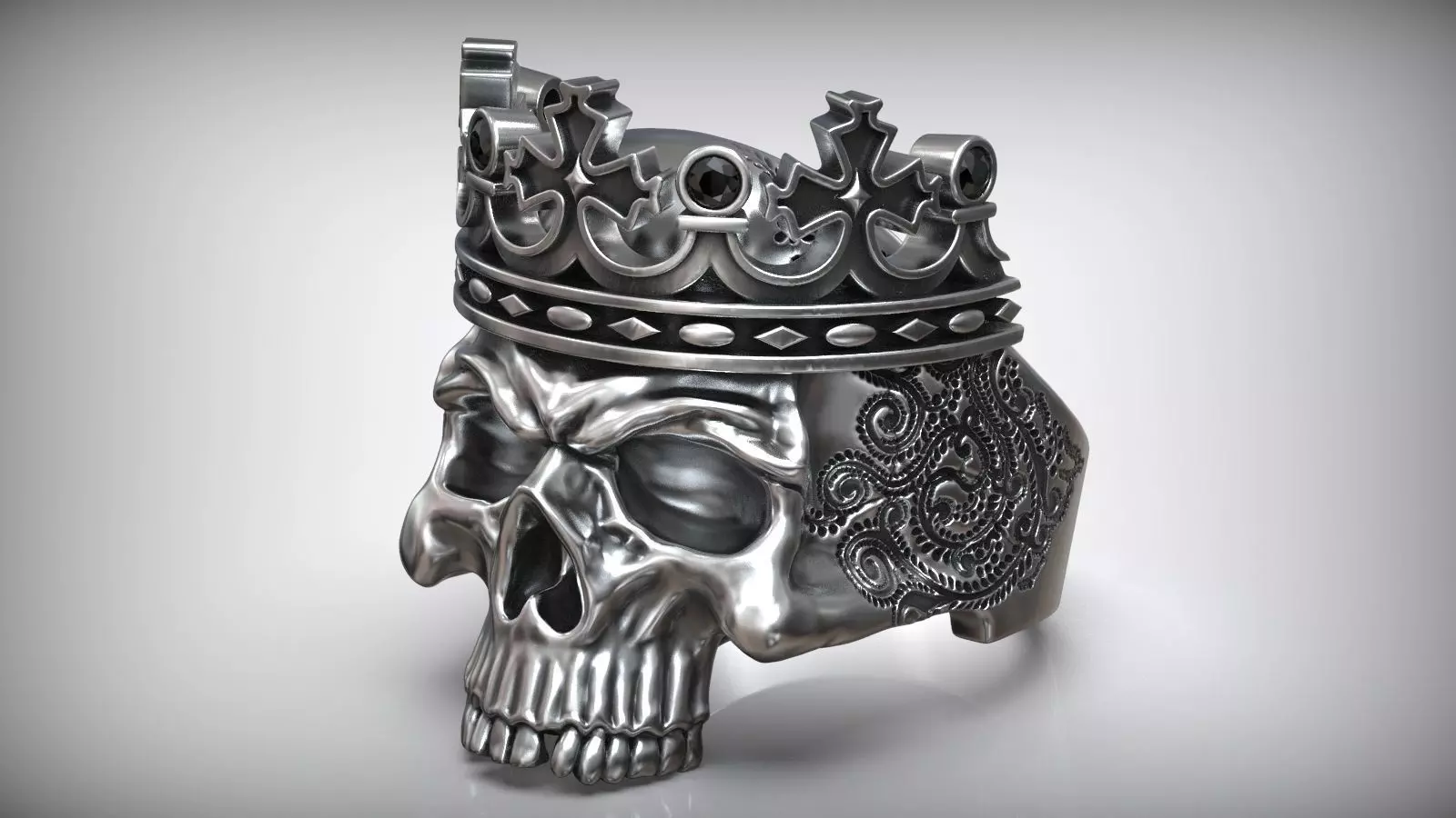 Skull Crown King Black Diamond Pattern Ring 3D print model_0