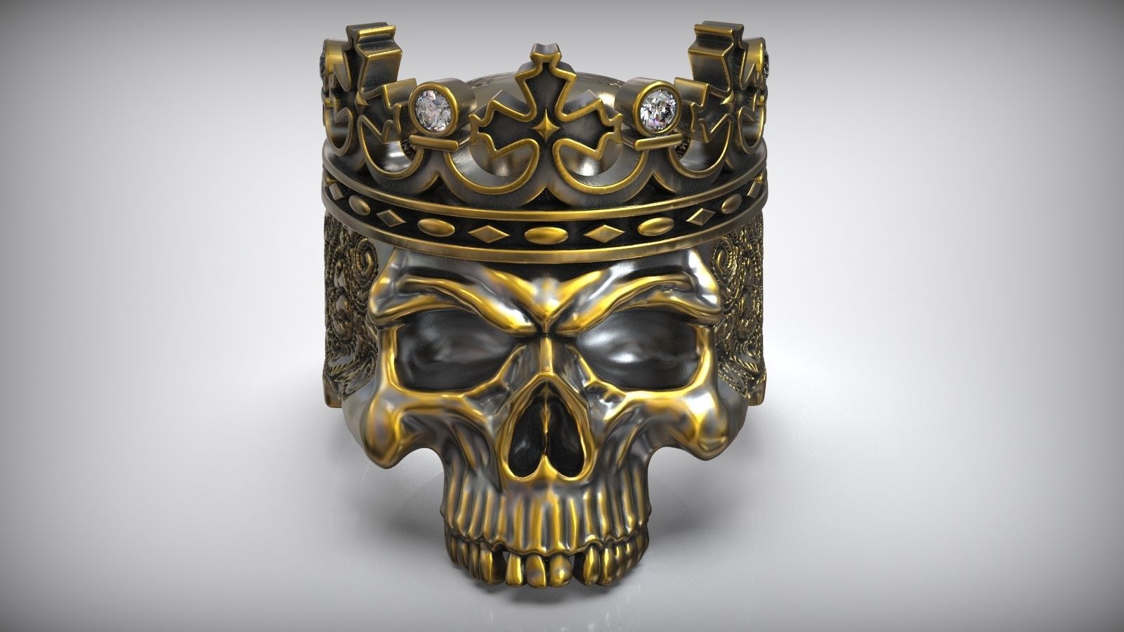 Skull Crown King Black Diamond Pattern Ring 3D print model_1
