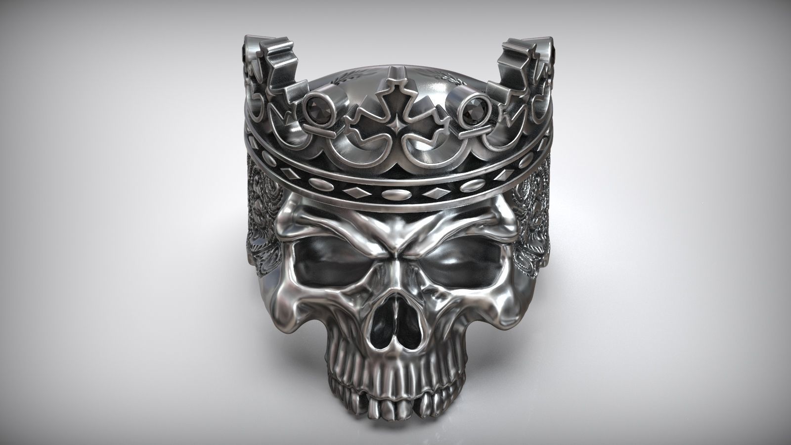 Skull Crown King Black Diamond Pattern Ring 3D print model_3