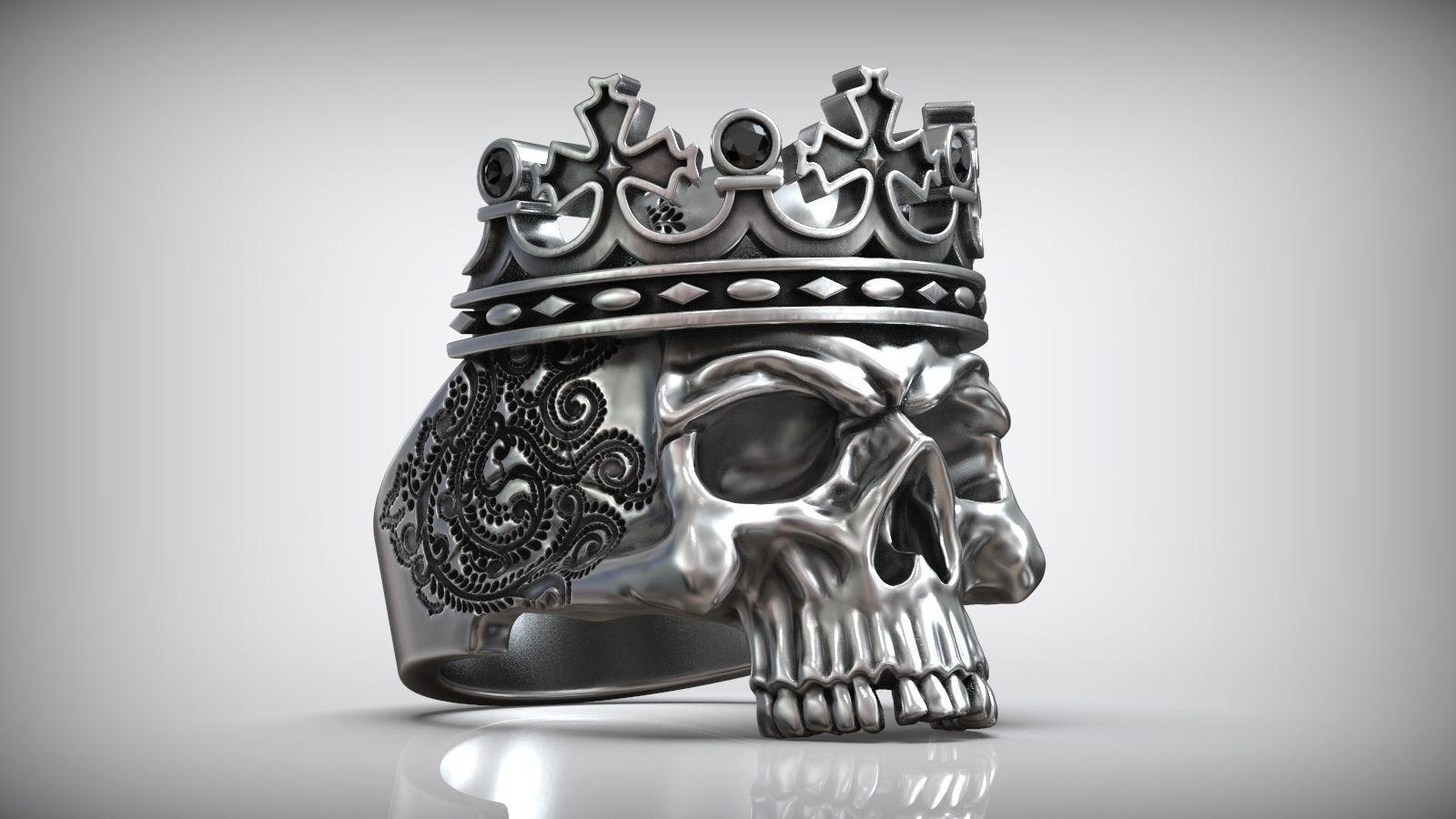 Skull Crown King Black Diamond Pattern Ring 3D print model_2