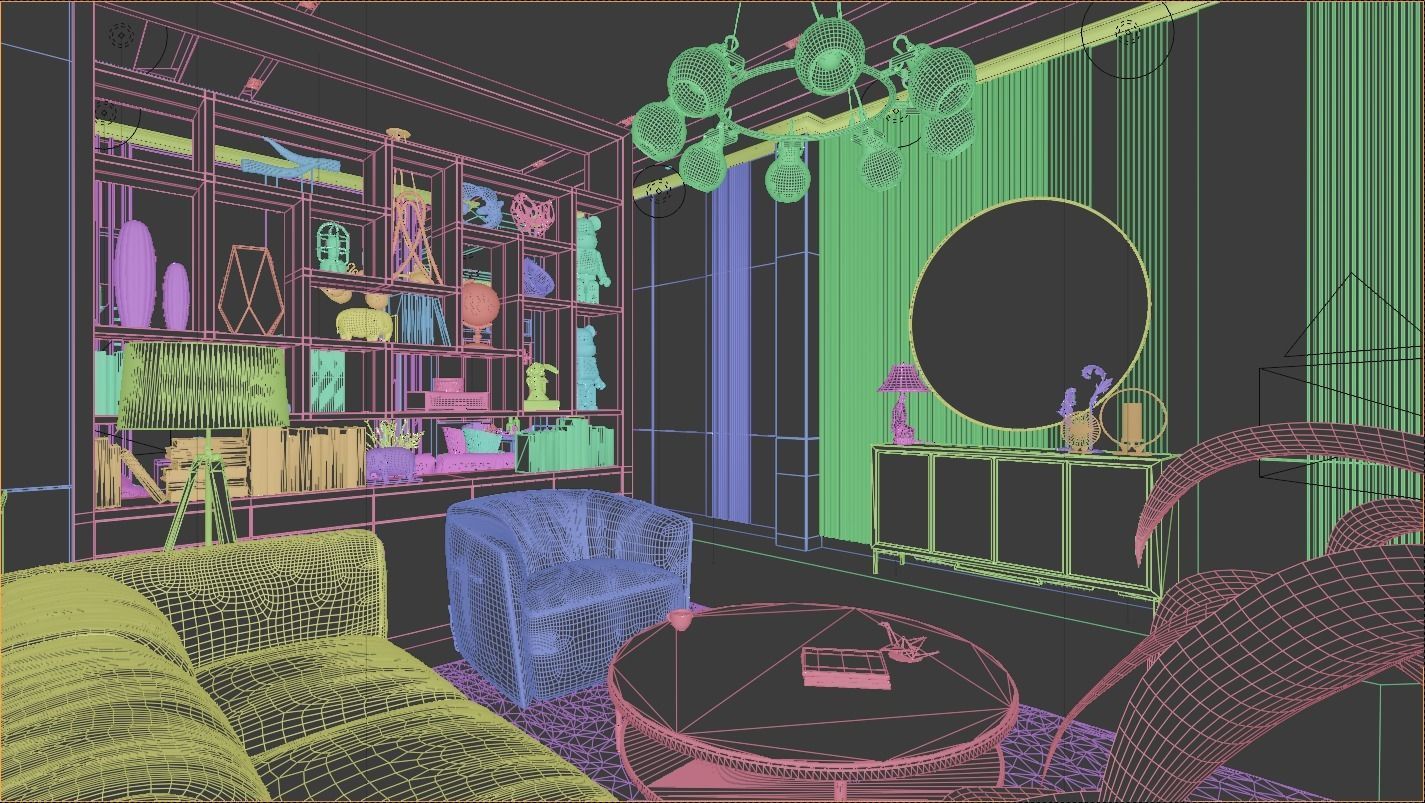 Living Room and Kitchen with Dinning Set Low-poly 3D model_7