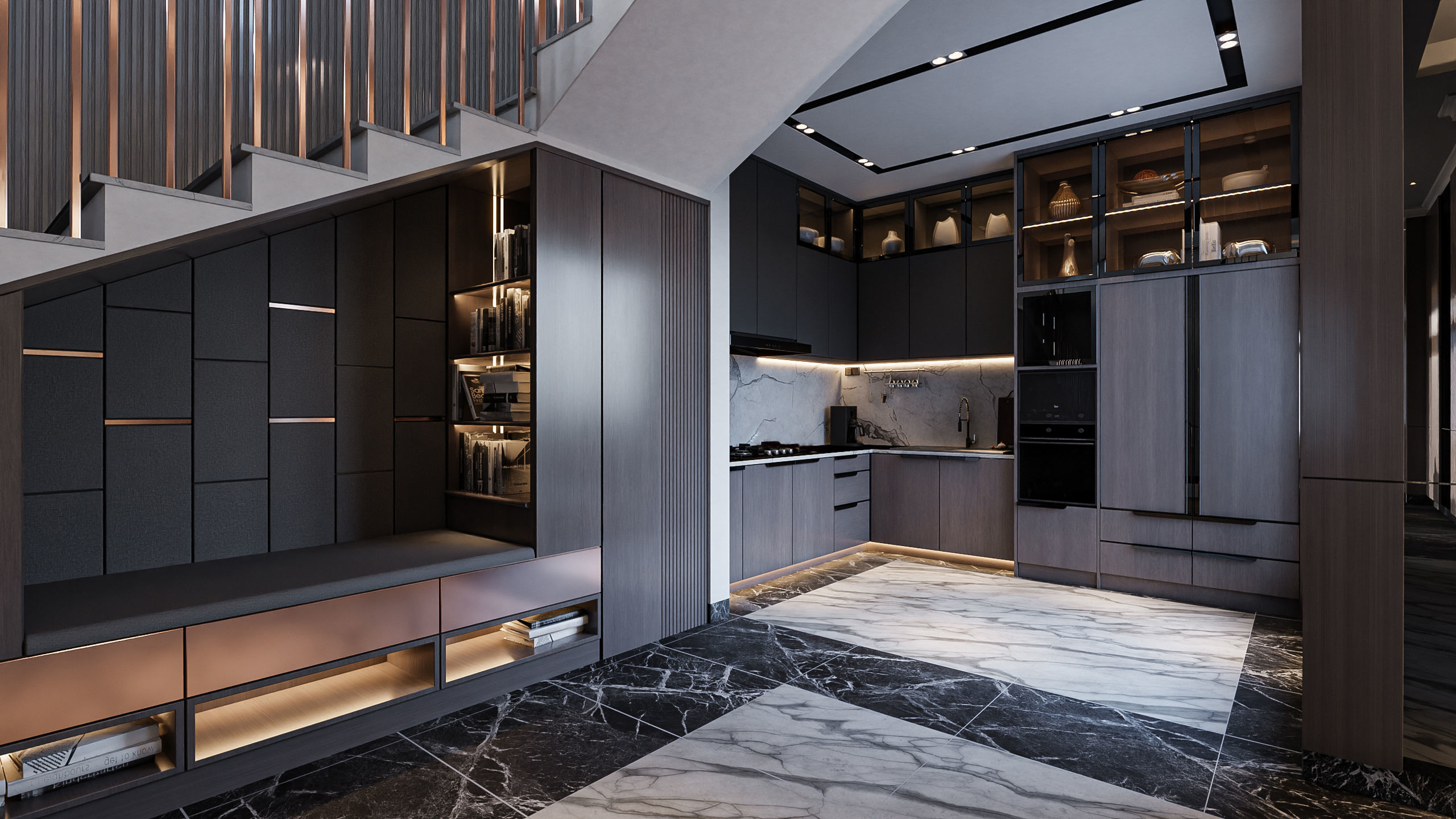 Living Room and Kitchen with Dinning Set Low-poly 3D model_5