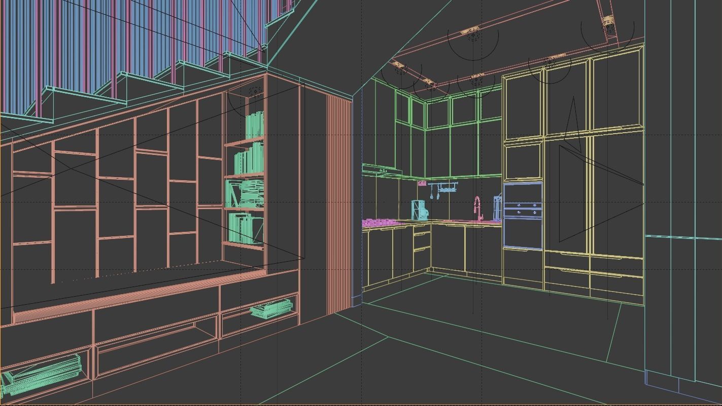 Living Room and Kitchen with Dinning Set Low-poly 3D model_11