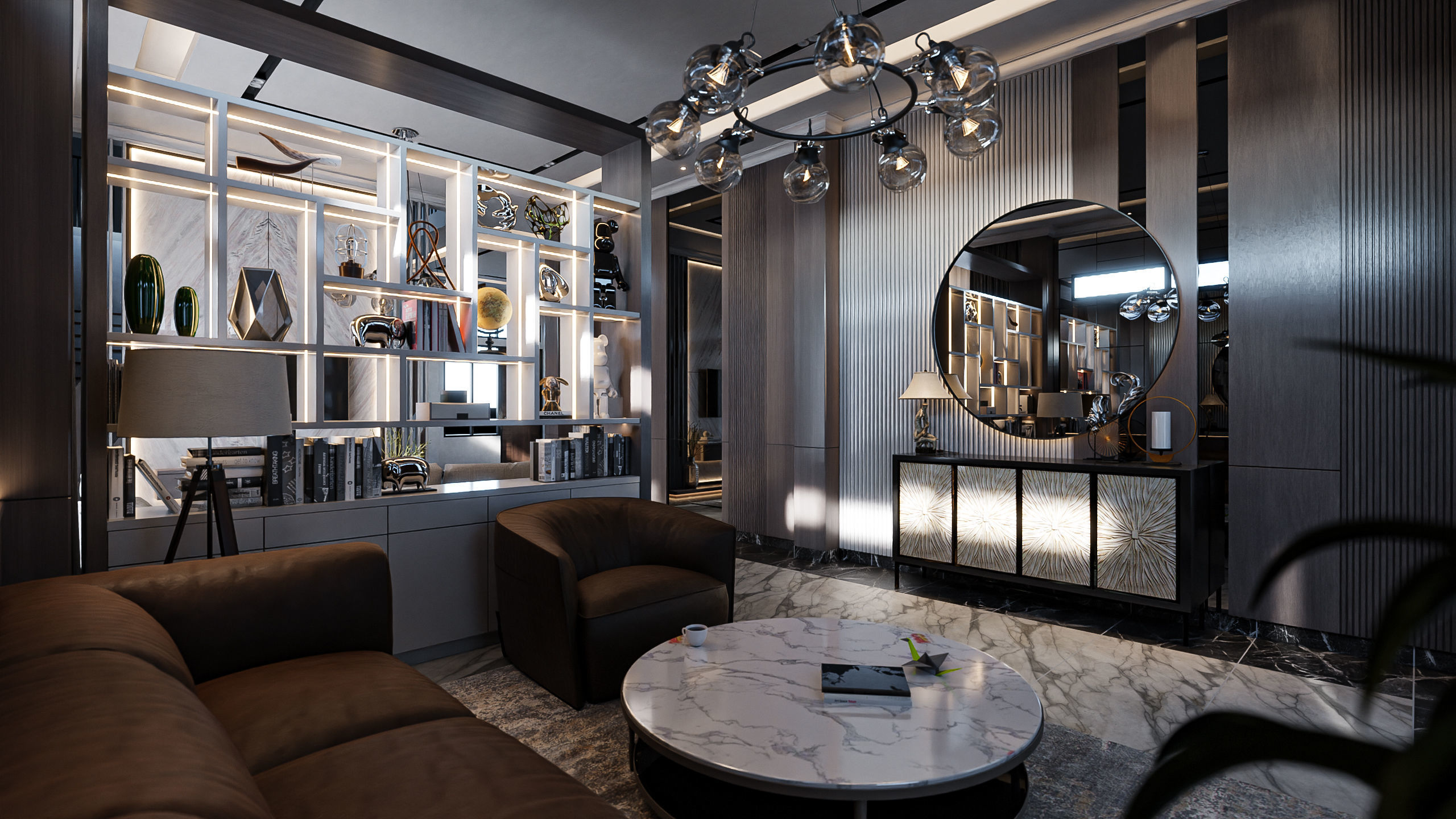 Living Room and Kitchen with Dinning Set Low-poly 3D model_1