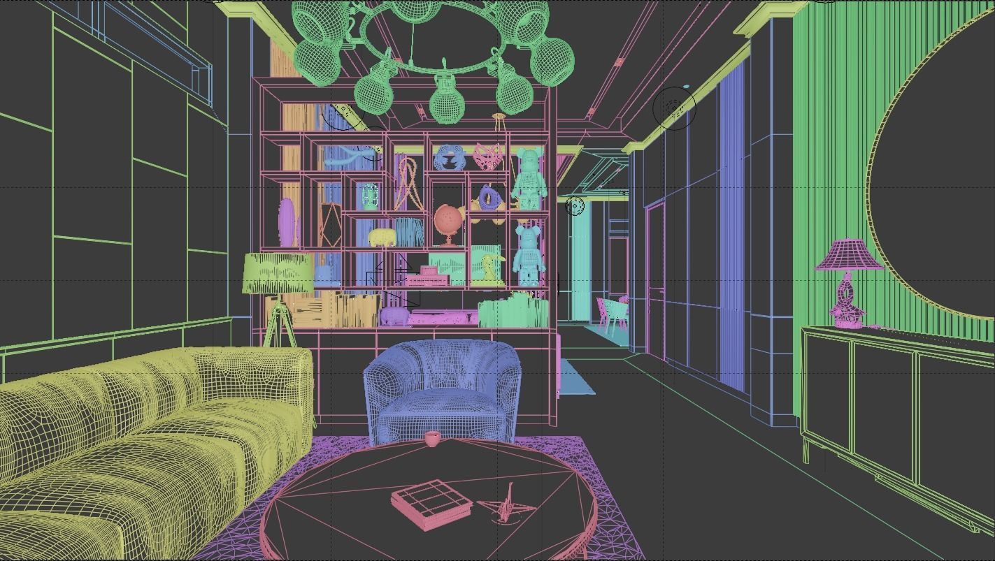 Living Room and Kitchen with Dinning Set Low-poly 3D model_8