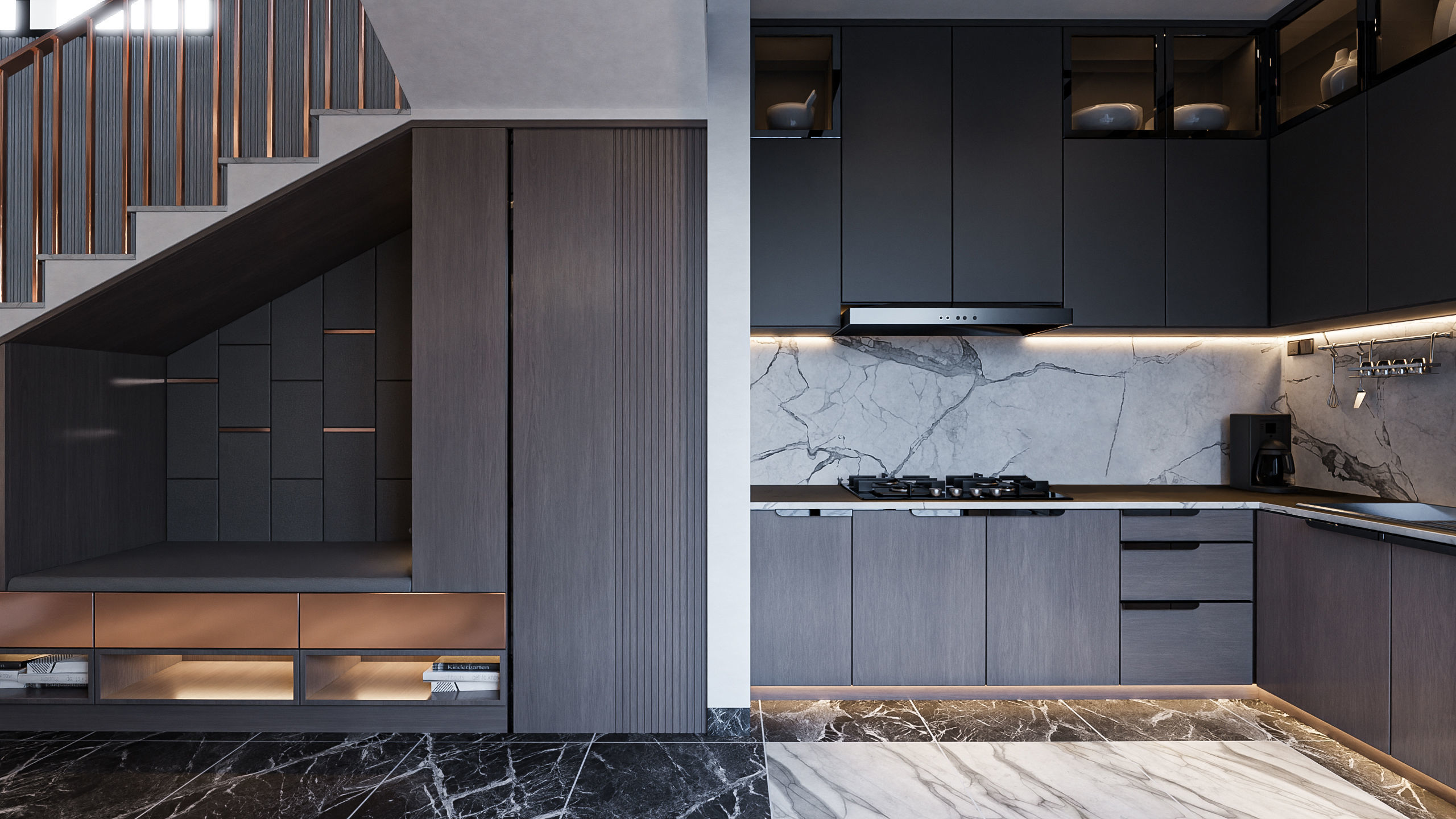 Living Room and Kitchen with Dinning Set Low-poly 3D model_4