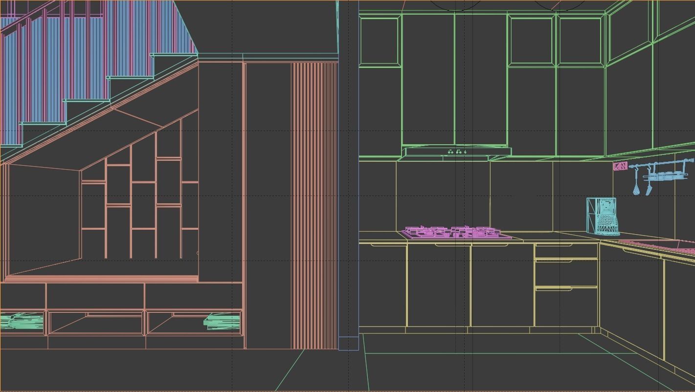 Living Room and Kitchen with Dinning Set Low-poly 3D model_10