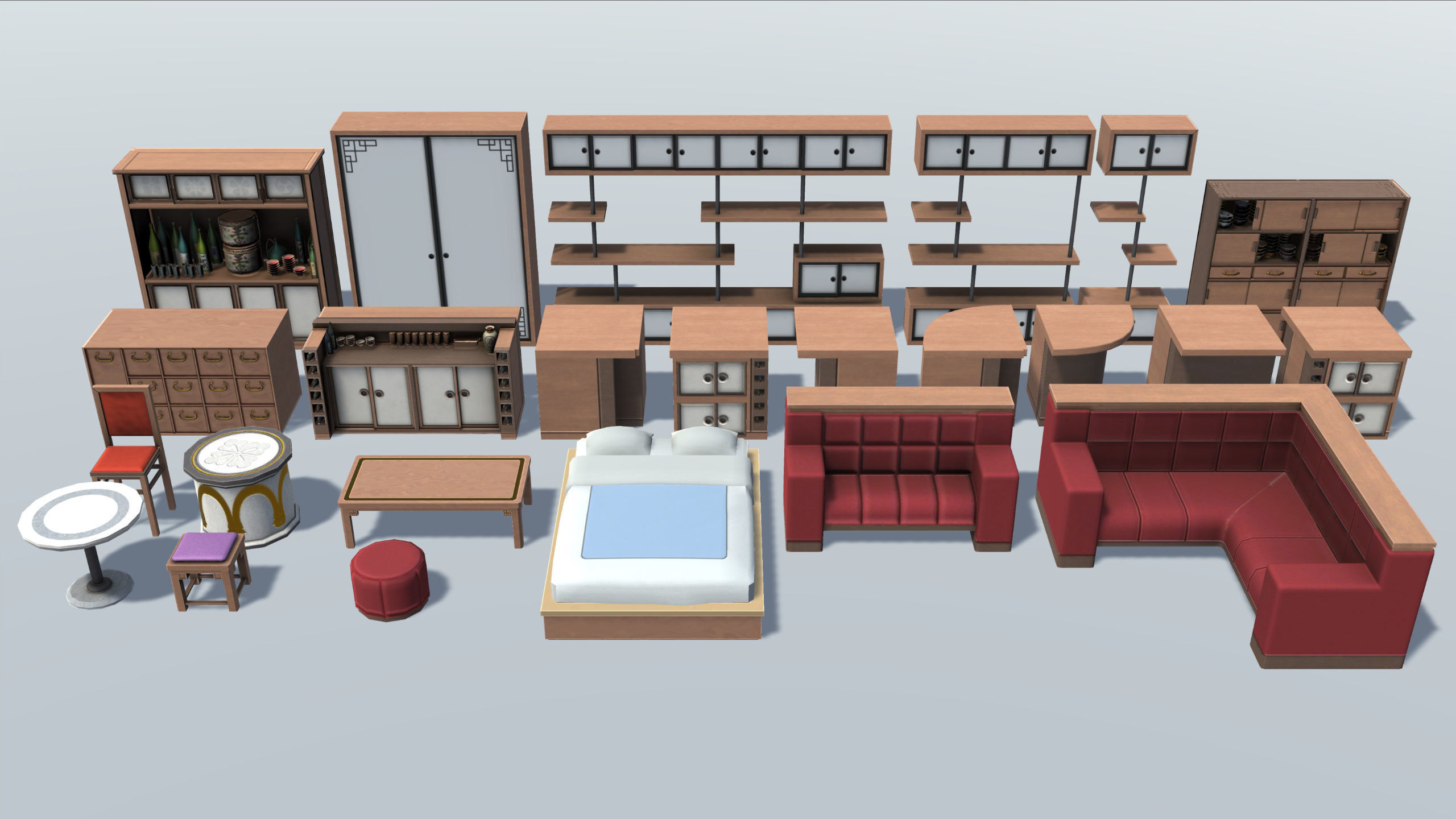 Japanese Furniture Set Low-poly 3D model_2