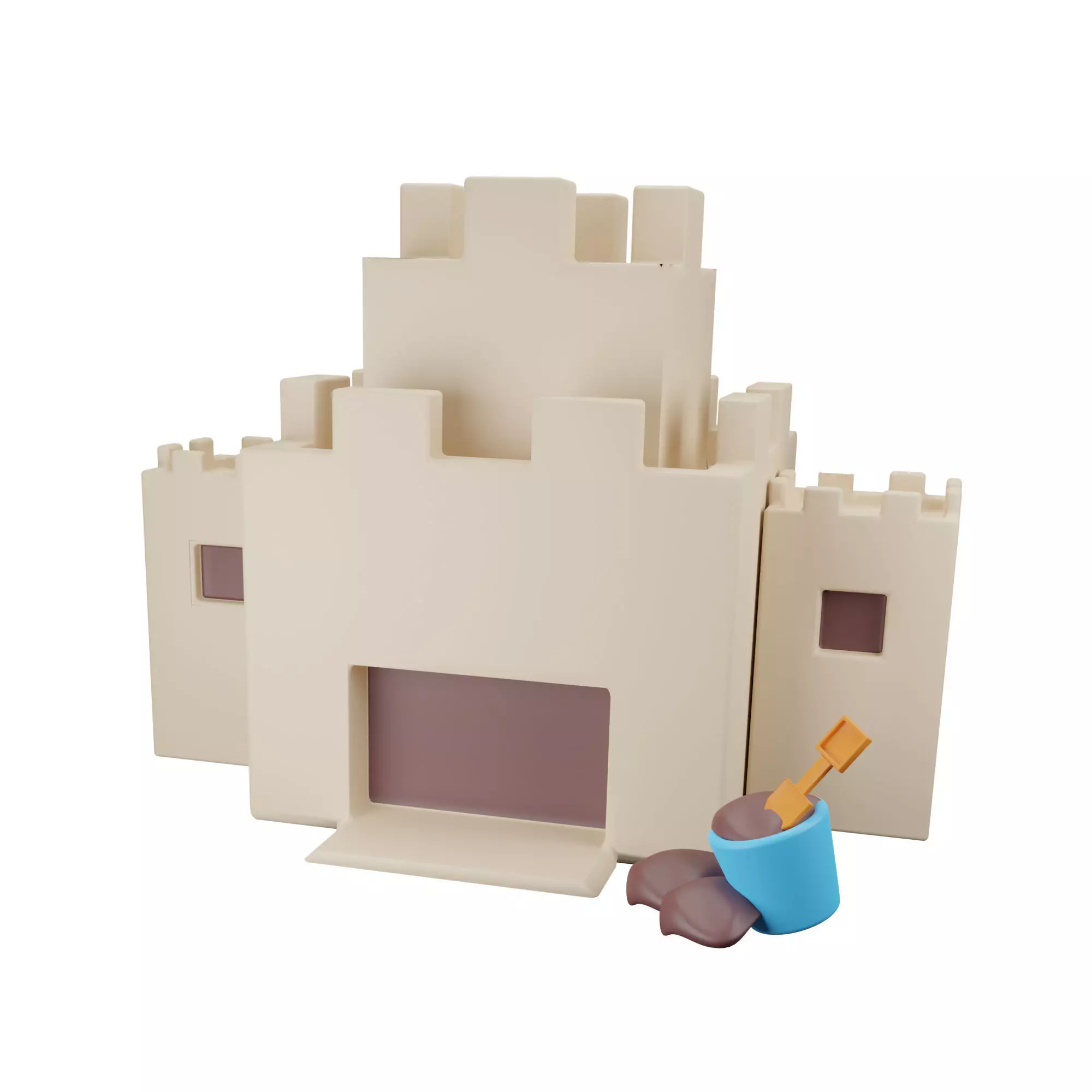 Sand Castle with Bucket and Shovel Low-poly 3D model_0