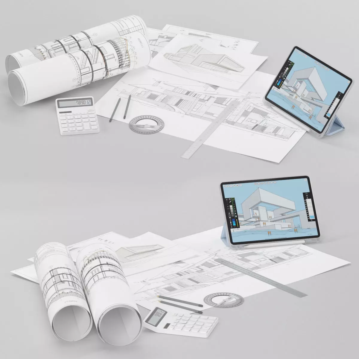 Draftsman architect set desktop filling 3D model_0