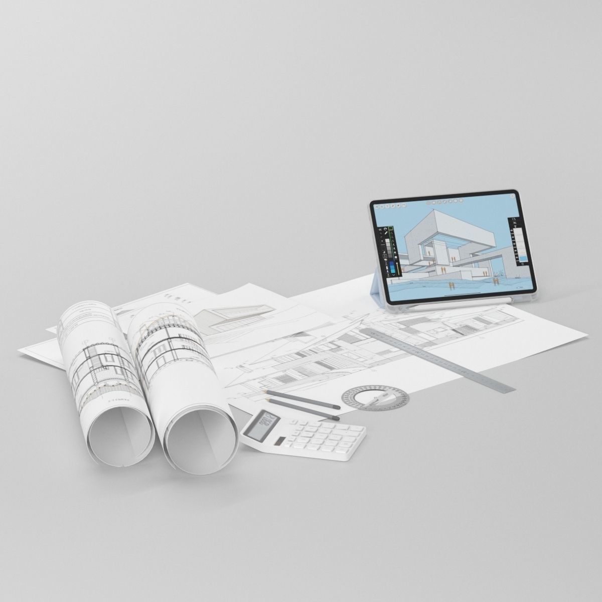 Draftsman architect set desktop filling 3D model_2