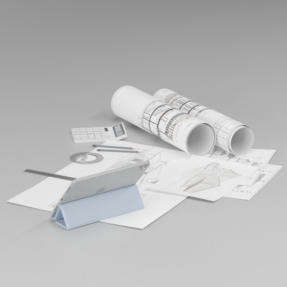 Draftsman architect set desktop filling 3D model_4