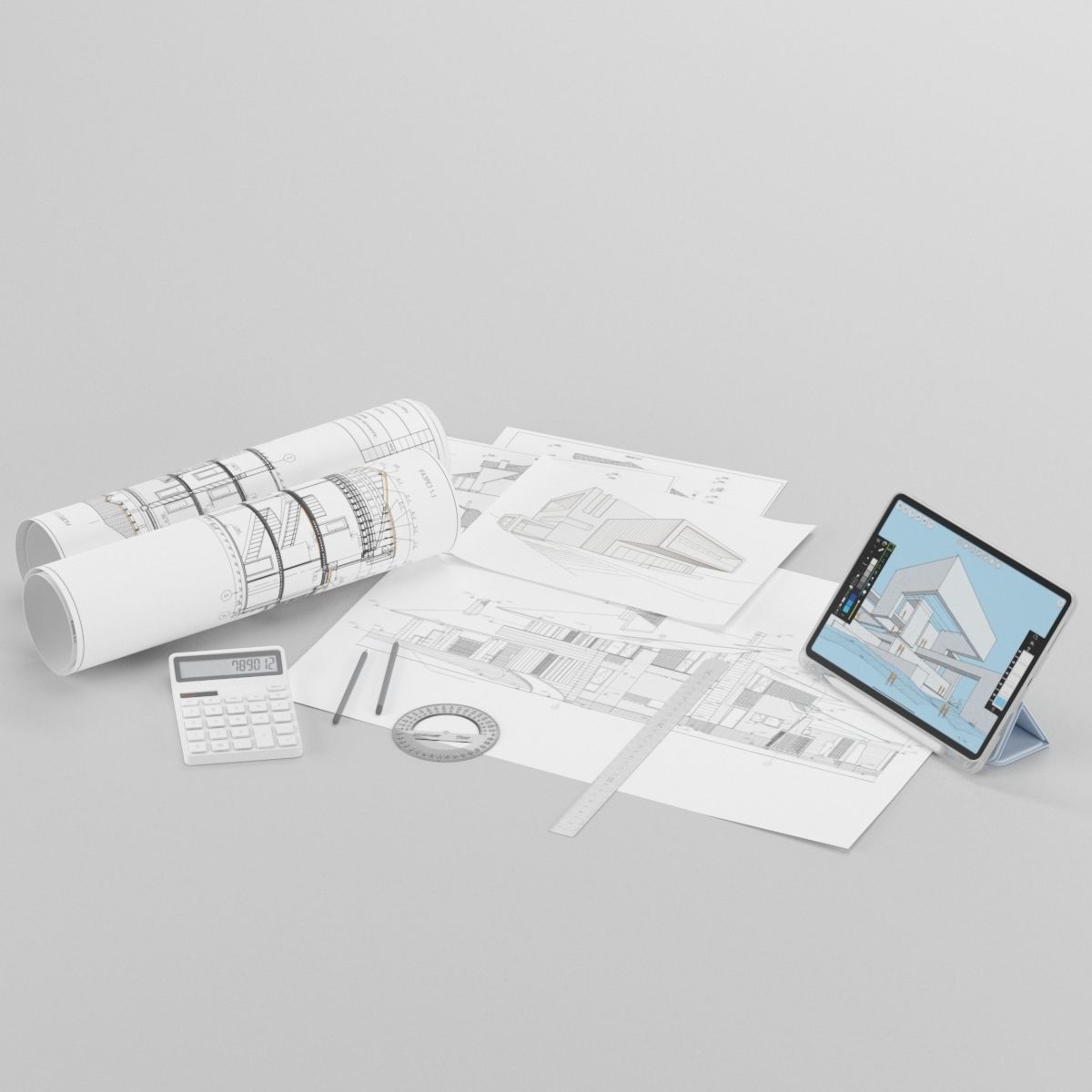 Draftsman architect set desktop filling 3D model_1