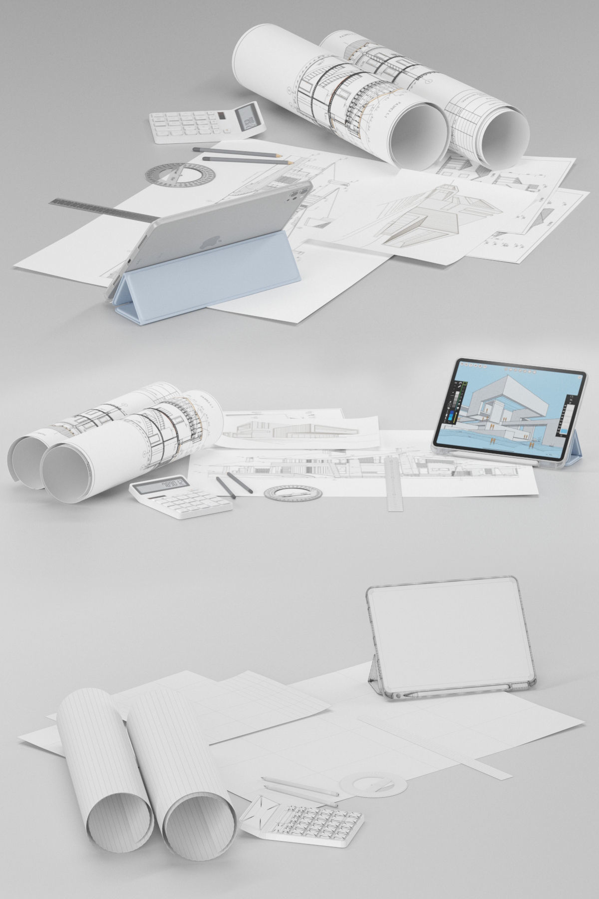 Draftsman architect set desktop filling 3D model_3