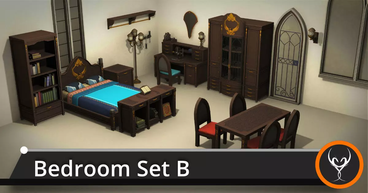 Bedroom Set B wooden cabinet with gold details Low-poly 3D model_0