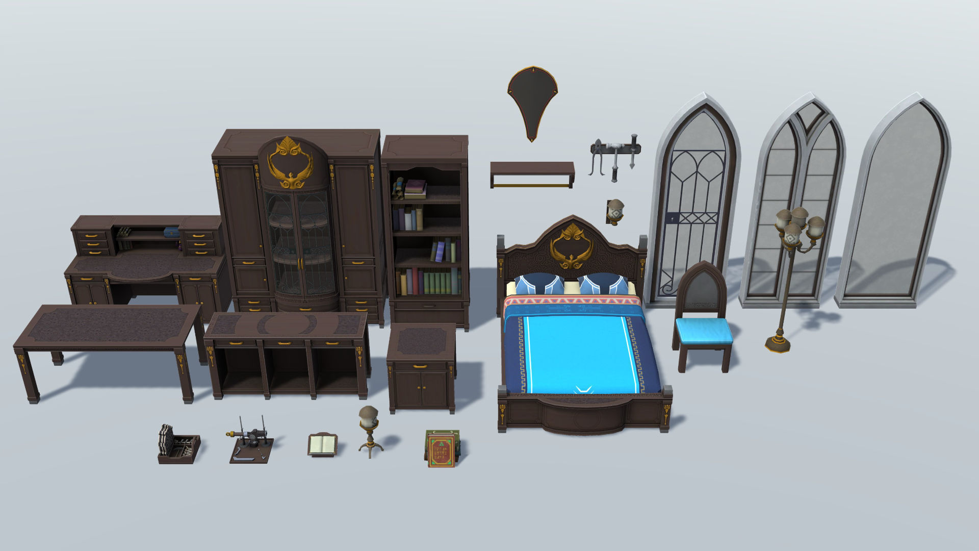 Bedroom Set B wooden cabinet with gold details Low-poly 3D model_1