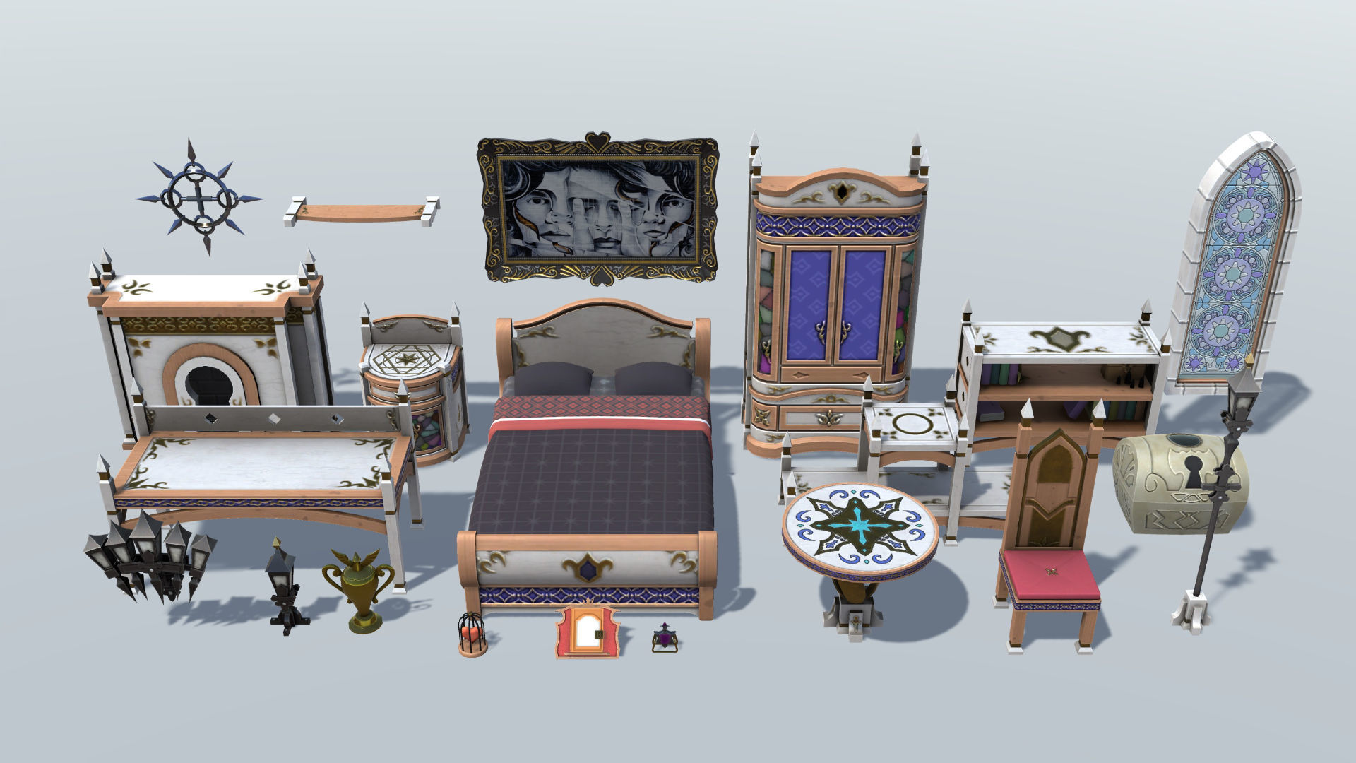 Bedroom Set C ornate door Low-poly 3D model_1