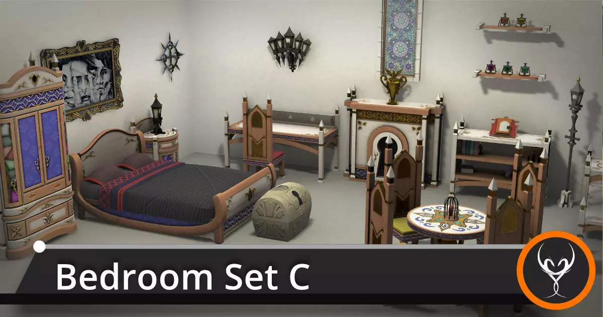 Bedroom Set C ornate door Low-poly 3D model_0